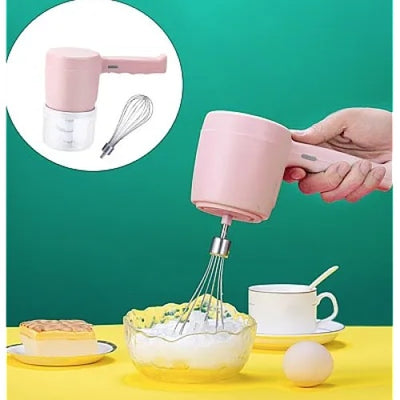 Mixer portabil, fara fir, cu 3 functii, cu bol de plastic, roz