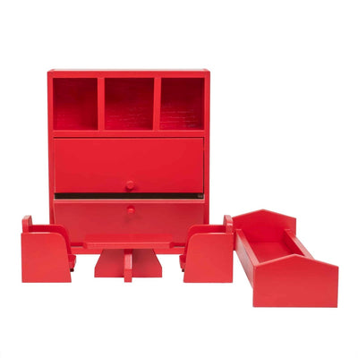 Mobila dormitor din lemn pentru papusi, culoare rosie, set complet