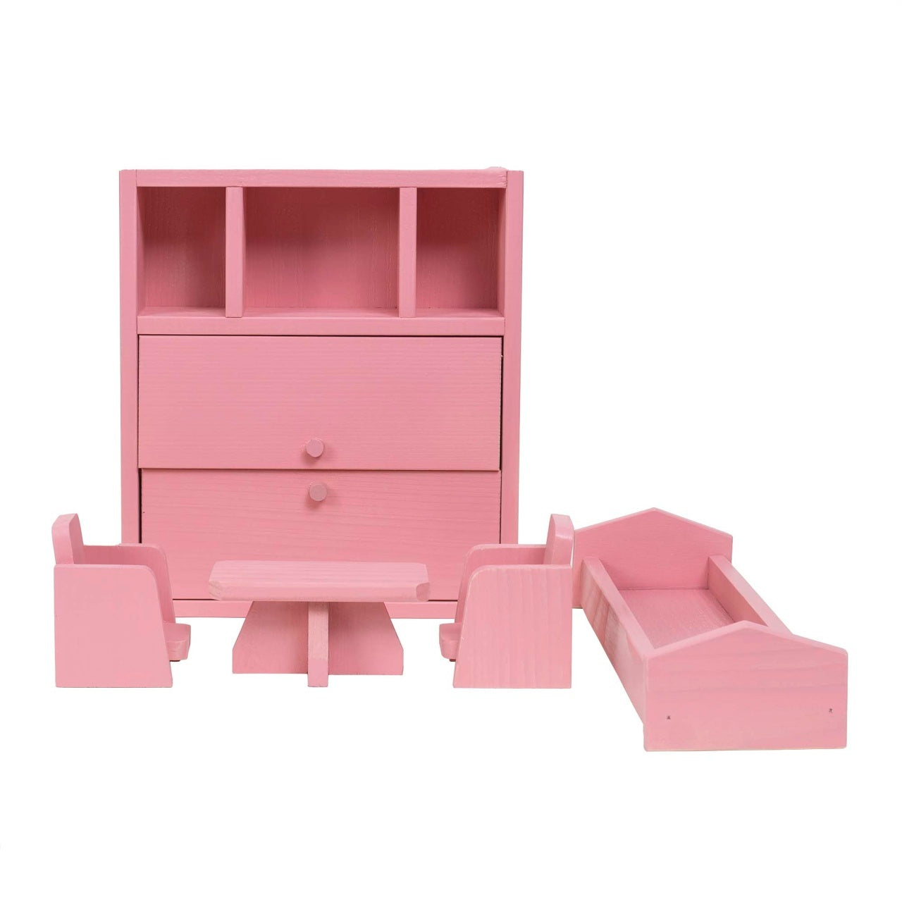 Mobila dormitor din lemn pentru papusi, culoare roz, set complet
