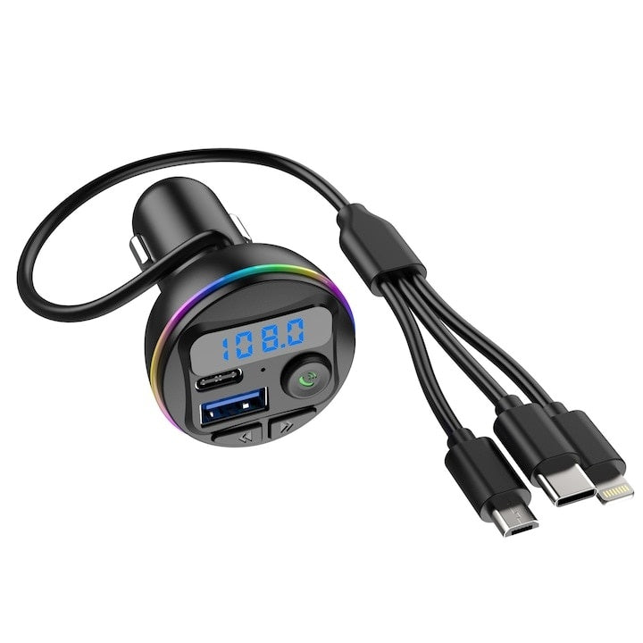 Modulator cu incarcator auto, MP3 player, port USB Fast Charge, Type C, 20W, bluetooth, 3 mufe de incarcare, negru
