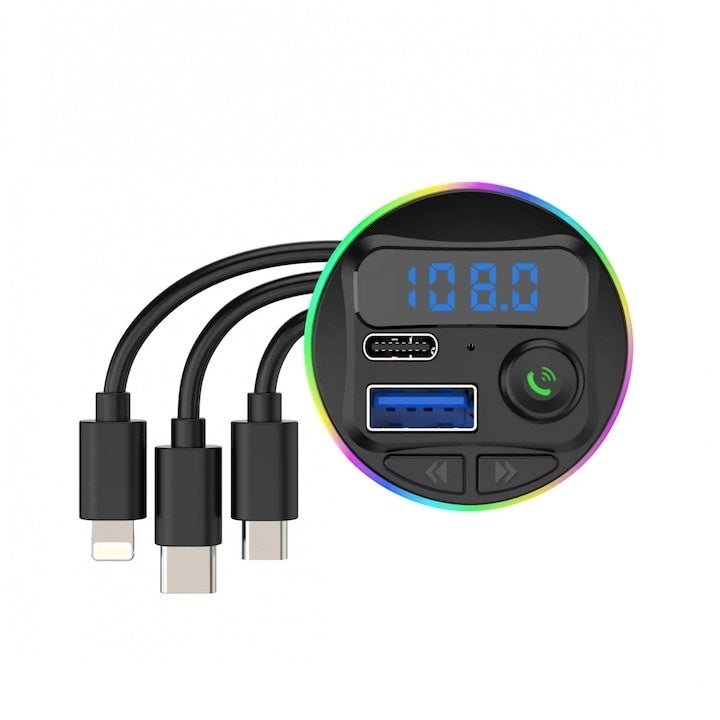 Modulator cu incarcator auto, MP3 player, port USB Fast Charge, Type C, 20W, bluetooth, 3 mufe de incarcare, negru