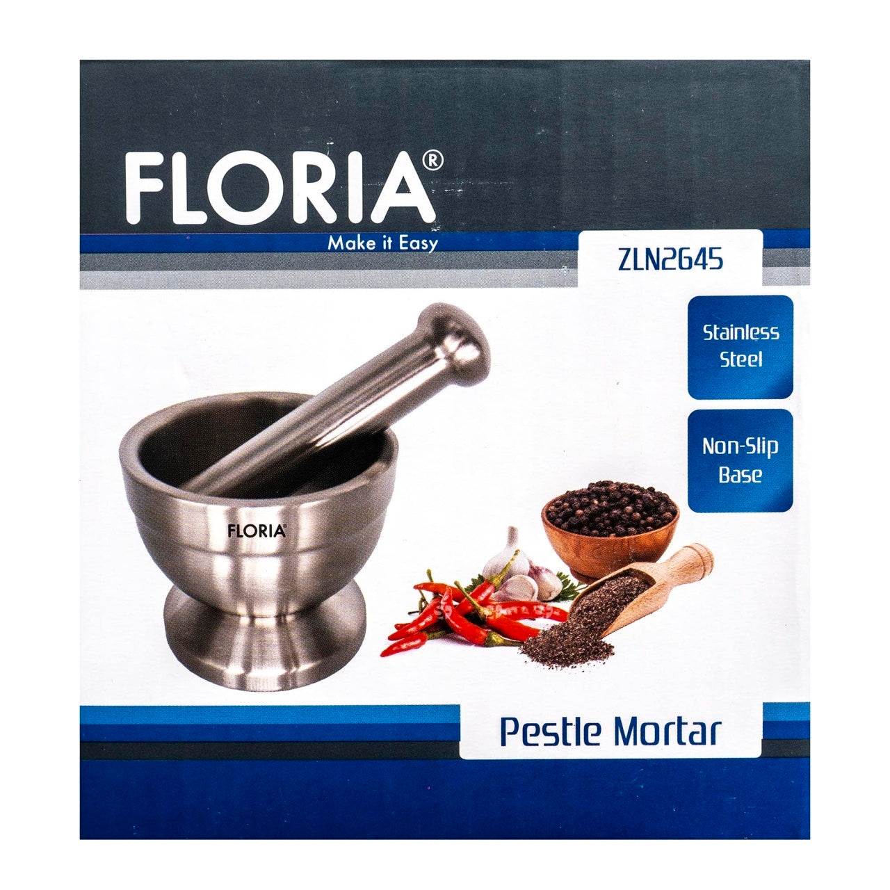 Mojar cu pistil din inox, diametru 10 cm, suport antialunecare