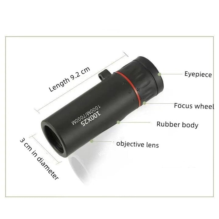 Monoclu de buzunar, cu vedere de zi si nocturna, 2000x24mm, waterproof, compact, cu adaptor pentru telefon, negru