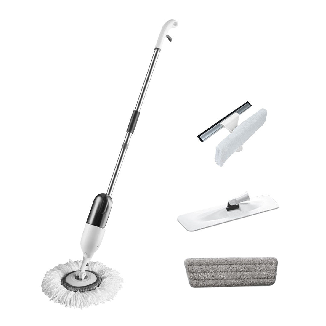 Mop multifunctional, matura, spala si pulverizeaza, include cap de mop si mop rotativ, cap de mop si mop plat si curatator geamuri cu mop si racleta cauciuc, alb