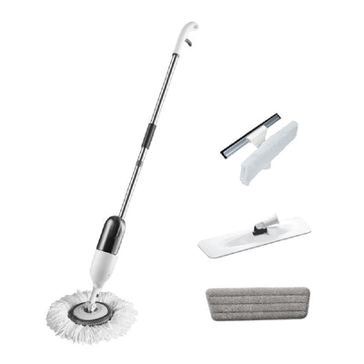 Mop multifunctional, matura, spala si pulverizeaza, include cap de mop si mop rotativ, cap de mop si mop plat si curatator geamuri cu mop si racleta cauciuc, alb