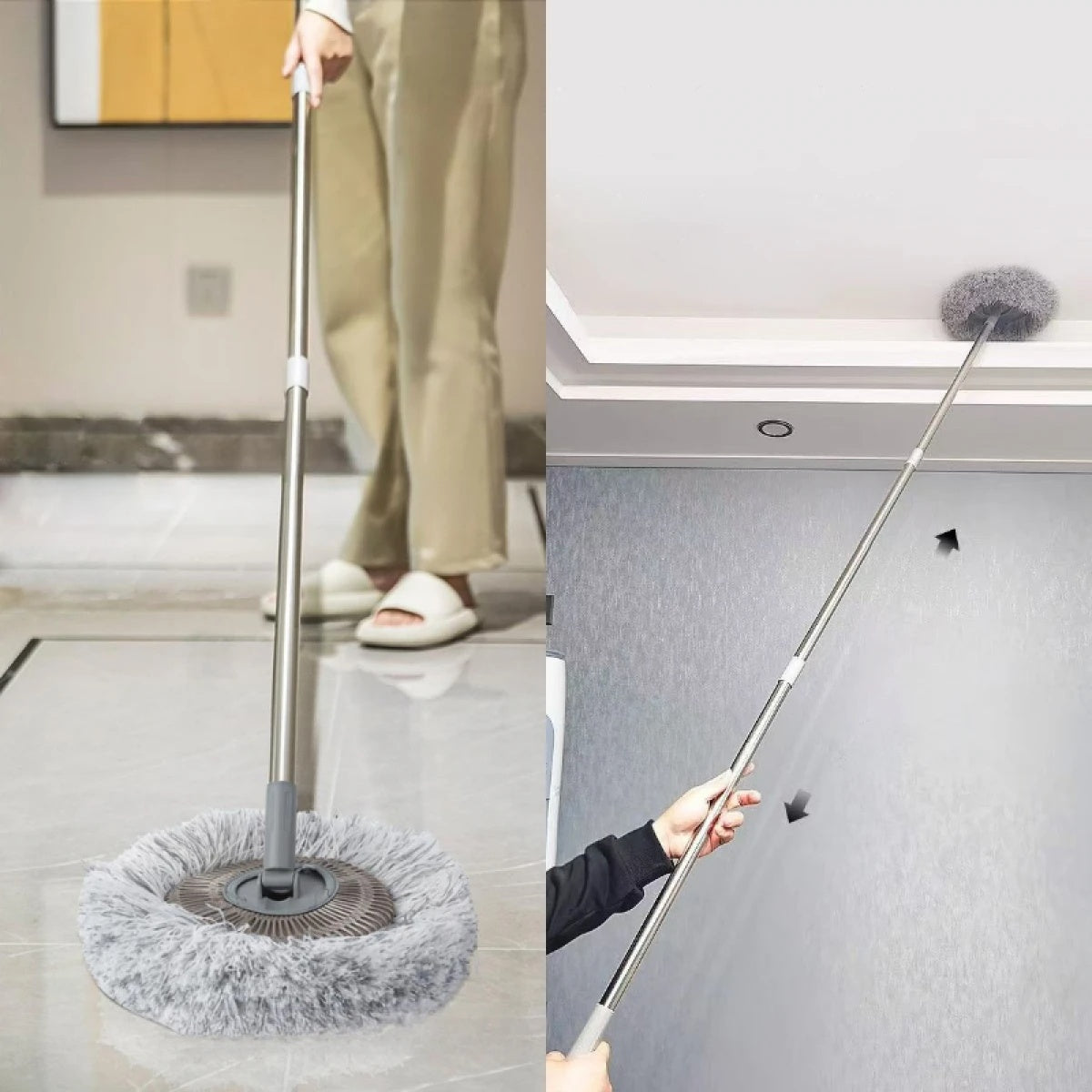 Mop pentru curatarea prafului, cu maner inox, lungime maner ajustabila 45 - 180 cm, doua lavete detasabile, dimensiuni 29 x 195 cm, argintiu