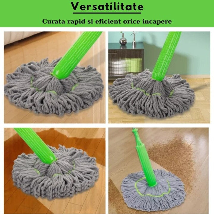 Mop profesional cu cap rotativ 360°, din microfibra, usor de folosit, maner ergonomic, stoarcere rapida, verde