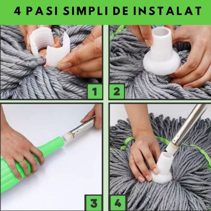 Mop profesional cu cap rotativ 360°, din microfibra, usor de folosit, maner ergonomic, stoarcere rapida, verde