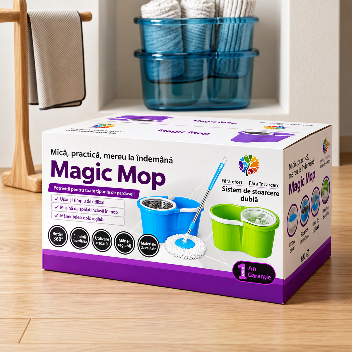 Set Magic Mop cu mop rotativ și găleată cu sistem de stoarcere – imagine 3
