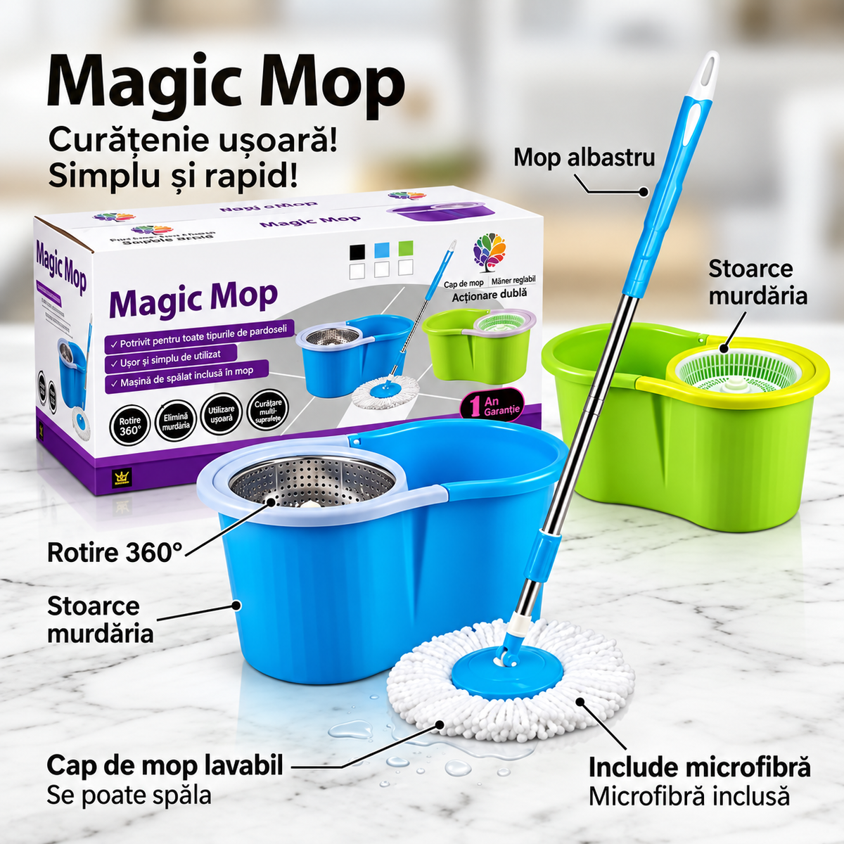Set Magic Mop cu mop rotativ și găleată cu sistem de stoarcere – imagine 2