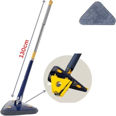 Mop triunghi pentru podea, rotativ 360 grade, lungime ajustabila, simplu de curatat, cu laveta din microfibra, albastru