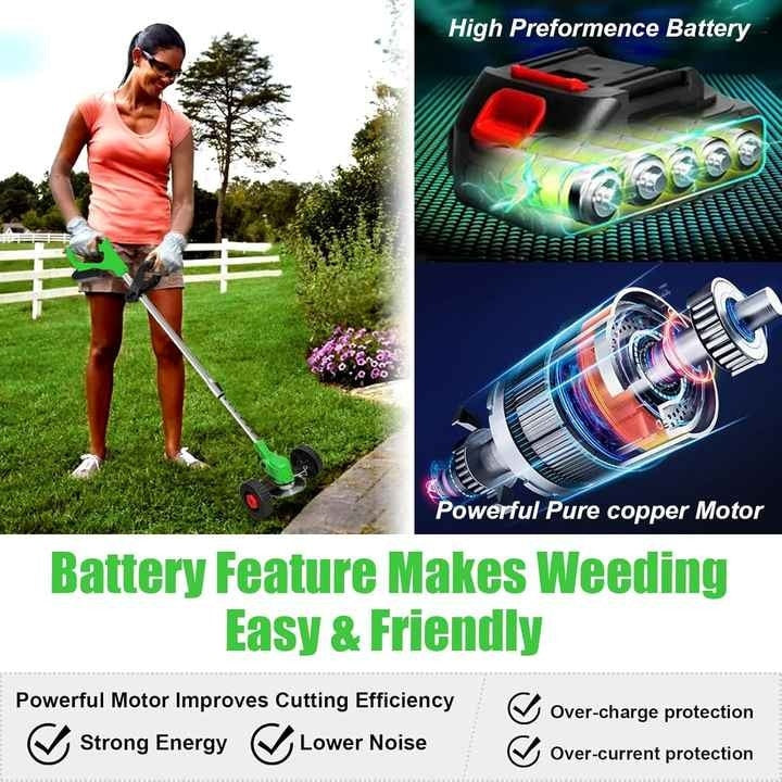 Motocoasa electrica cu 2 acumulatori, putere 1500W, cu 3 unghiuri de taiere, baterie 48V, din ABS si metal, verde