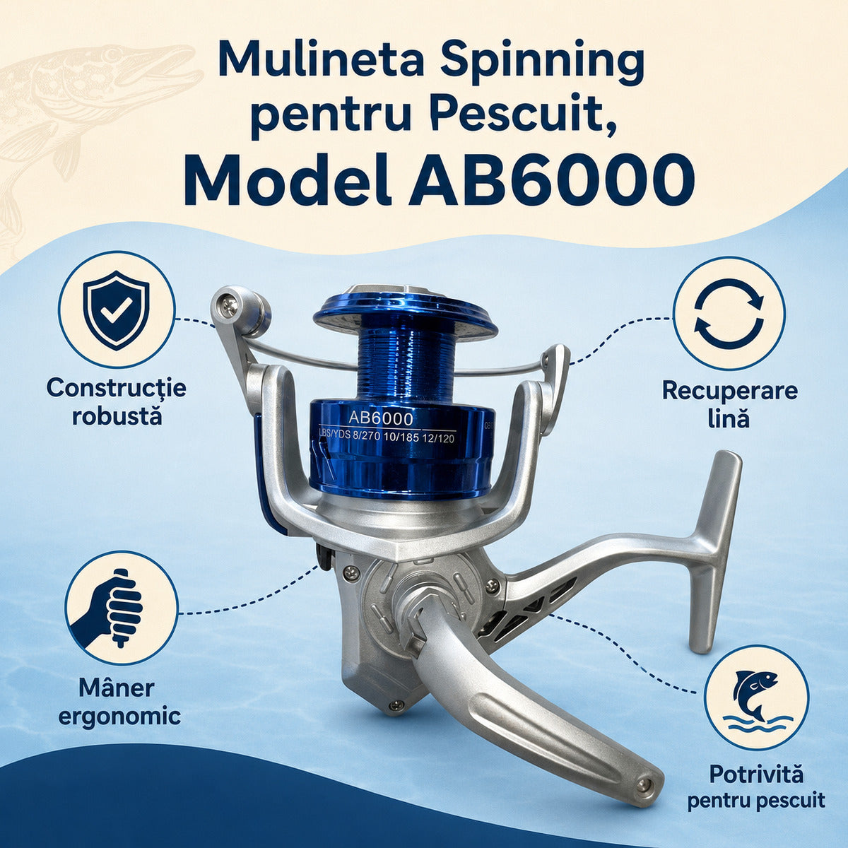 Mulineta Spinning pentru Pescuit, Model AB6000 – caracteristici