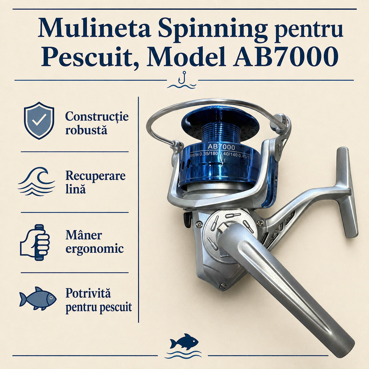 Mulineta Spinning pentru Pescuit, Model AB7000 – caracteristici și beneficii