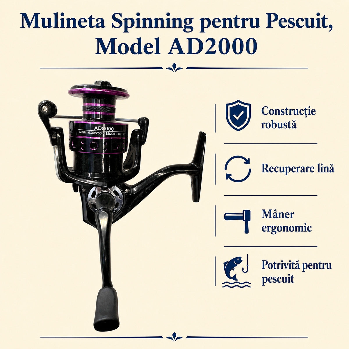 Mulineta Spinning pentru Pescuit, Model AD2000 – caracteristici