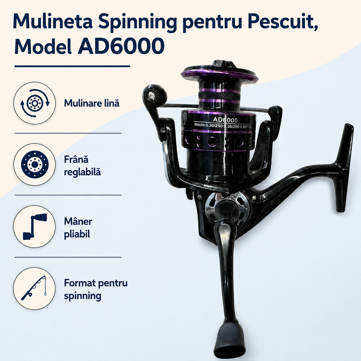 Mulineta Spinning pentru Pescuit, Model AD6000 – caracteristici