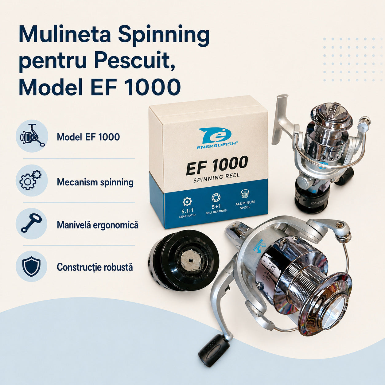 Mulineta Spinning pentru Pescuit, Model EF 1000 – caracteristici