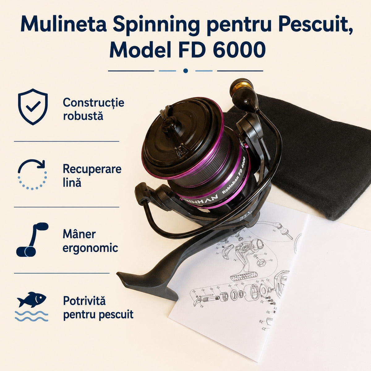 Mulineta Spinning pentru Pescuit, Model FD 6000 – caracteristici