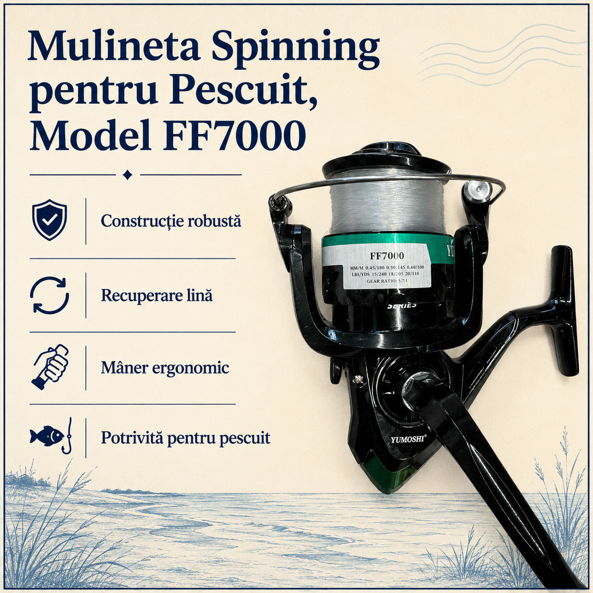 Mulineta Spinning pentru Pescuit, Model FF7000 – caracteristici și beneficii