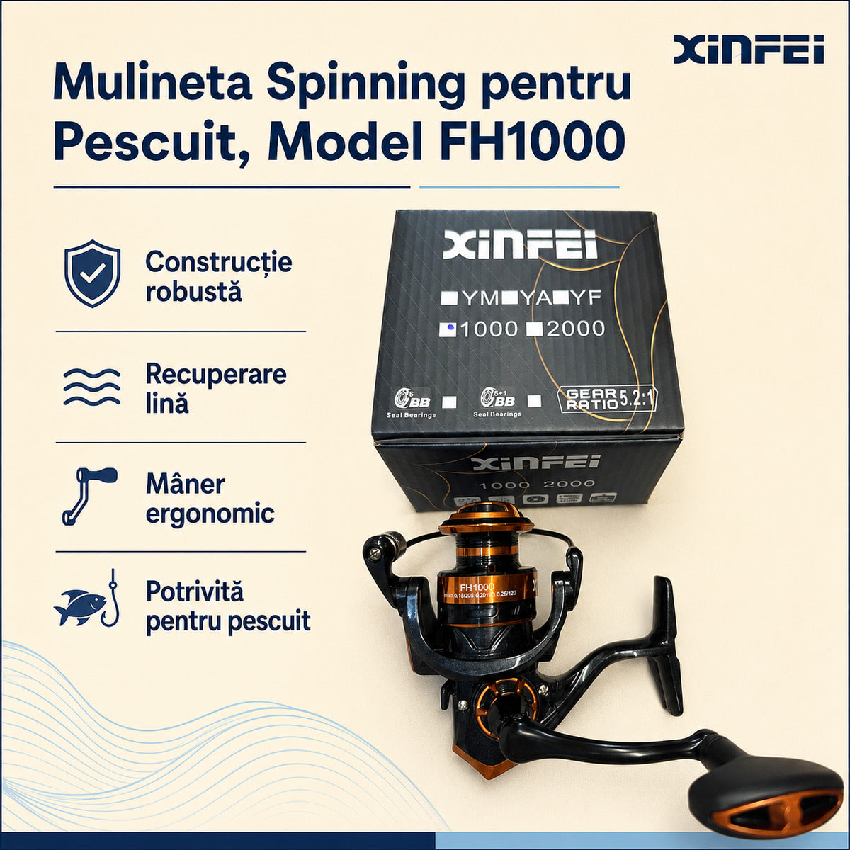Mulineta Spinning pentru Pescuit, Model FH1000 – caracteristici