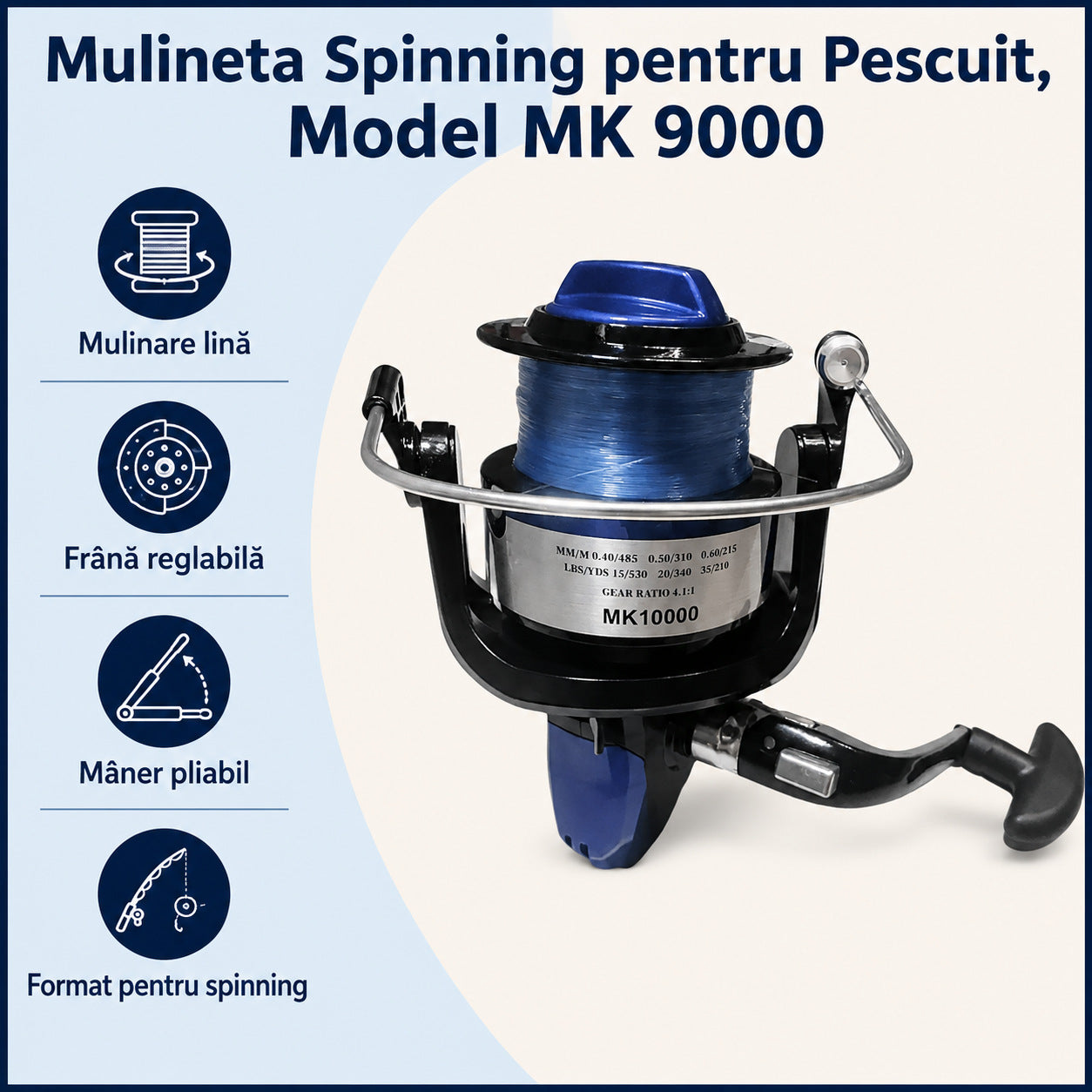 Mulineta Spinning pentru Pescuit, Model MK 9000 – caracteristici