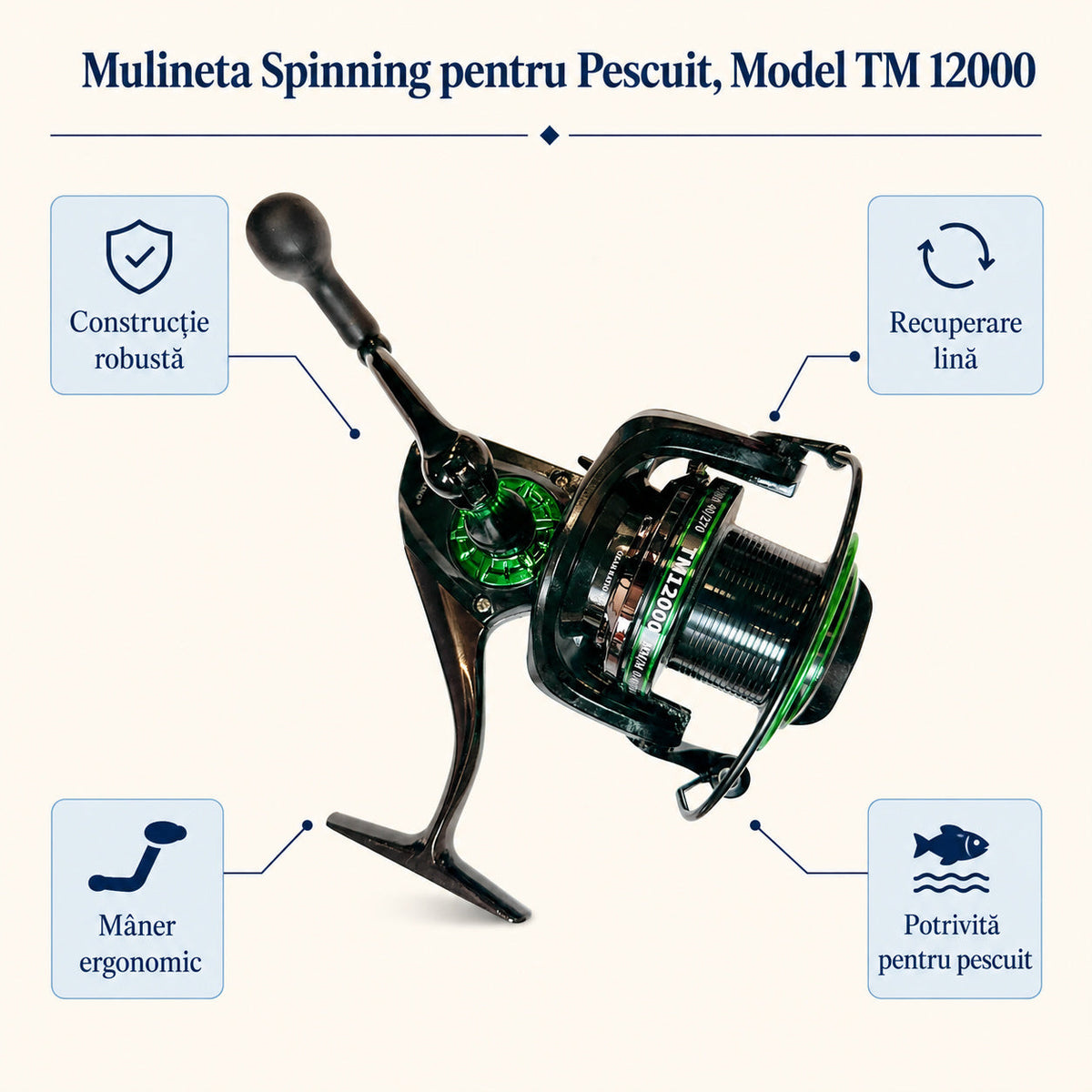 Mulineta Spinning pentru Pescuit, Model TM 12000 – caracteristici și beneficii