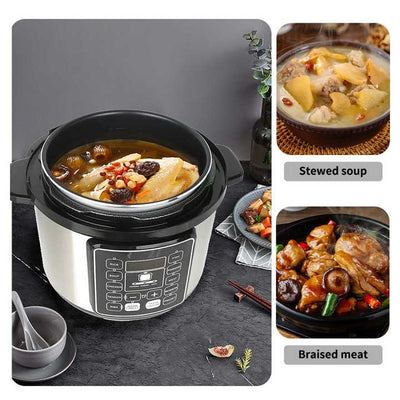 Multicooker, capacitate 6L, 14 programe, oprire automata, control temperatura, gatire sub presiune, mentinere la cald, negru/argintiu