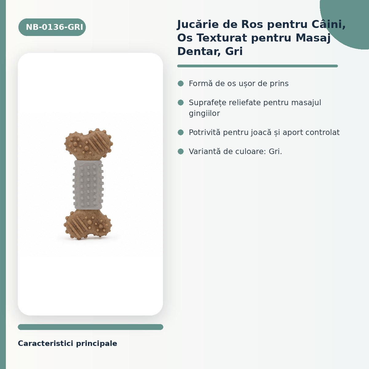 Jucărie de Ros pentru Câini, Os Texturat pentru Masaj Dentar, Gri – imagine 3