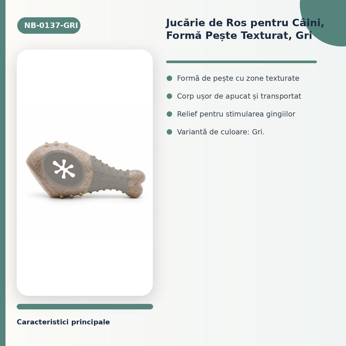 Jucărie de Ros pentru Câini, Formă Pește Texturat, Gri – imagine 3