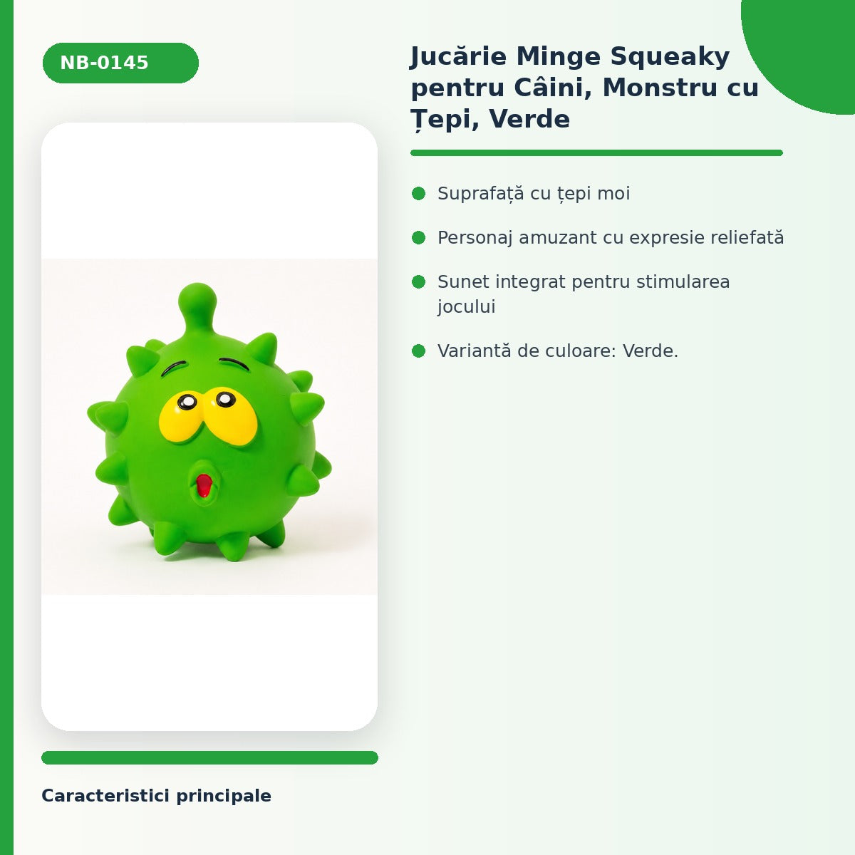 Jucărie Minge Squeaky pentru Câini, Monstru cu Țepi, Verde – imagine 3