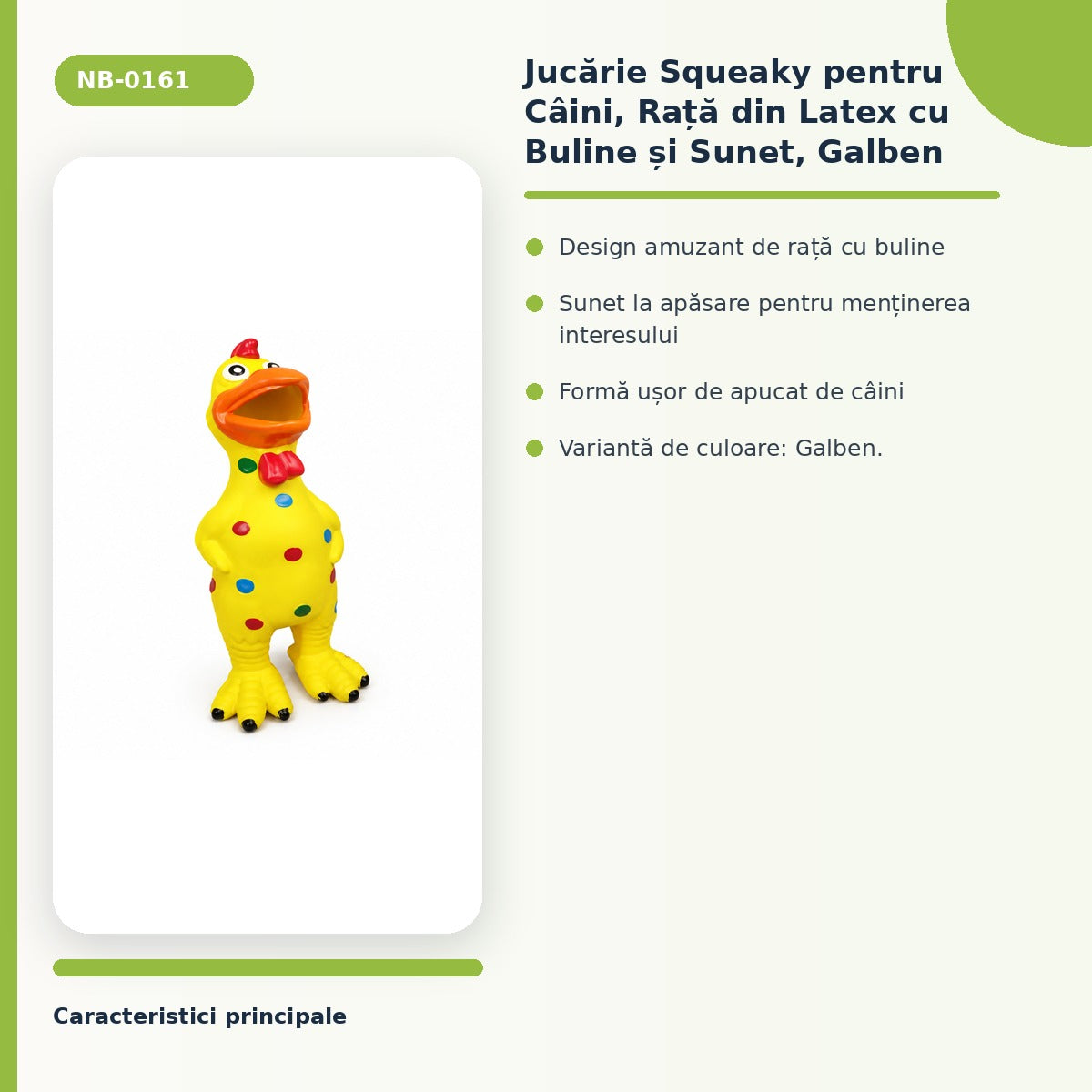Jucarie Squeaky pentru Caini, Rata din Latex cu Buline si Sunet, Galben – imagine 3