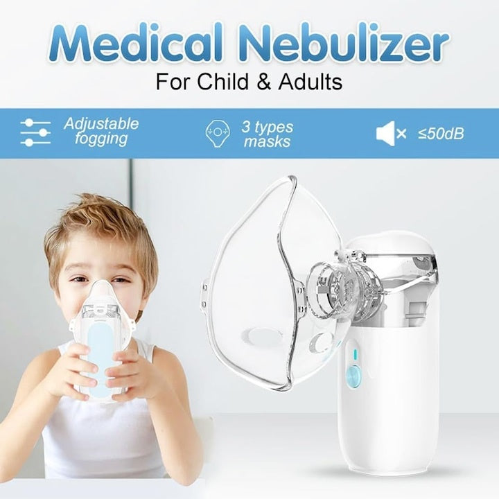 Nebulizator ultrasonic, aparat de aerosoli portabil, ultra silentios, cu masca adulti si copii, reincarcabil, alb