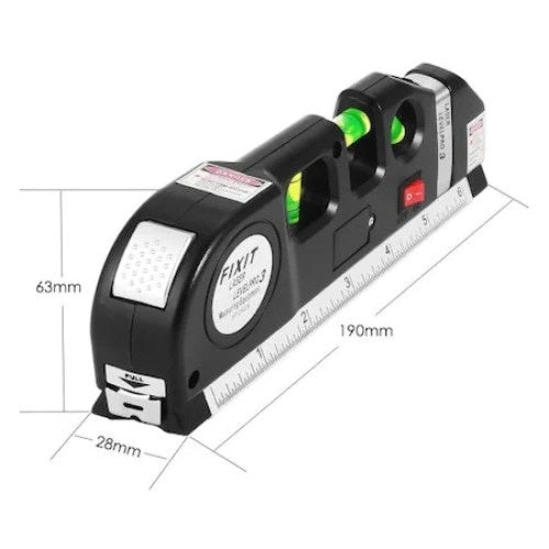 Nivela cu laser FOXMAG24, Fascicul luminos, Buton ON/OFF, Boloboc, Ruleta 2.5m , Rigla 15 cm, Multifunctionala 4in1, Masoara in plan vertical, orizontal si la 45 de grade, Negru