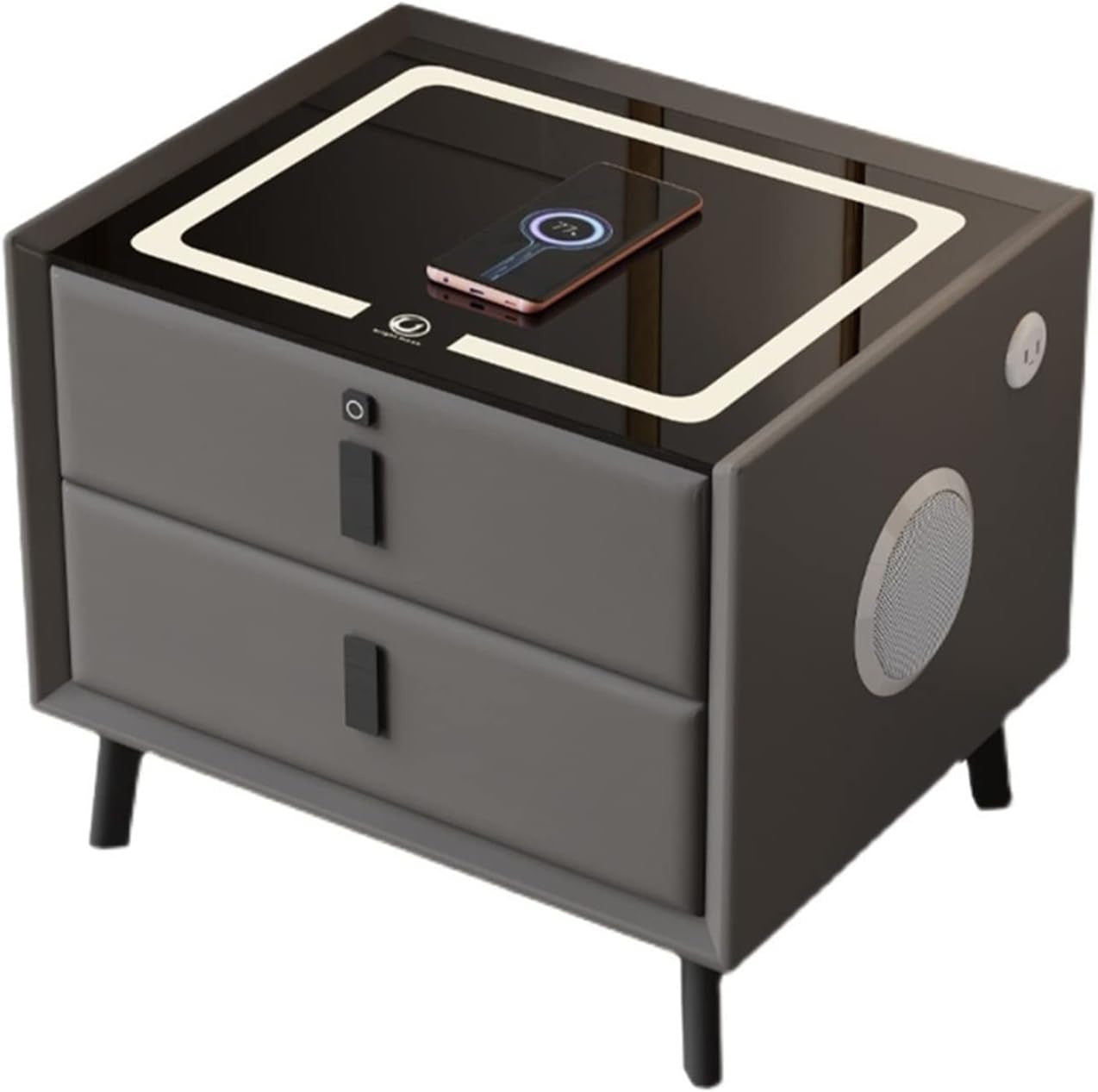 Noptiera cu 2 sertare, blocare sertar cu amprenta, cu LED, USB-C, boxa Bluetooth si incarcator Wireless, pentru dormitor, sticla securizata 3D, negru