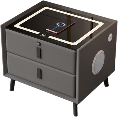 Noptiera cu 2 sertare, blocare sertar cu amprenta, cu LED, USB-C, boxa Bluetooth si incarcator Wireless, pentru dormitor, sticla securizata 3D, negru