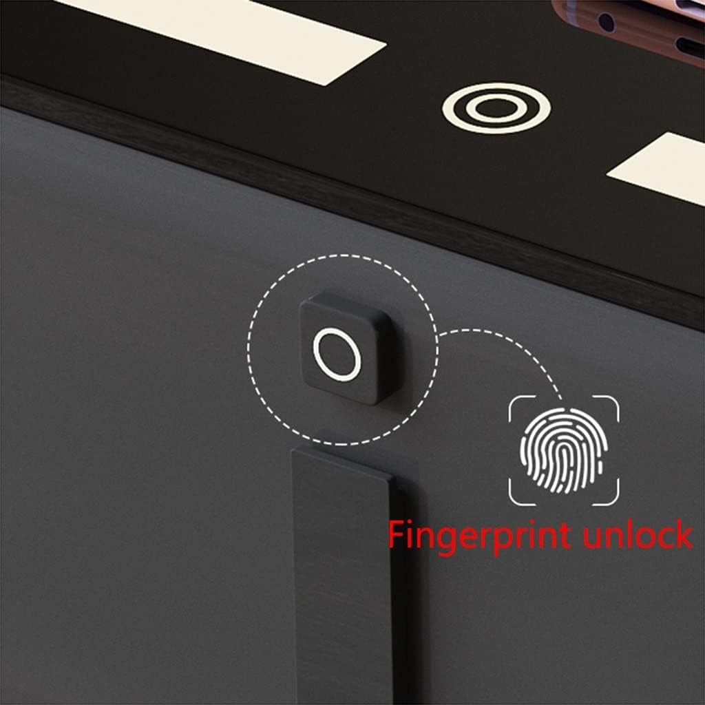 Noptiera cu 2 sertare, blocare sertar cu amprenta, cu LED, USB-C, boxa Bluetooth si incarcator Wireless, pentru dormitor, sticla securizata 3D, negru