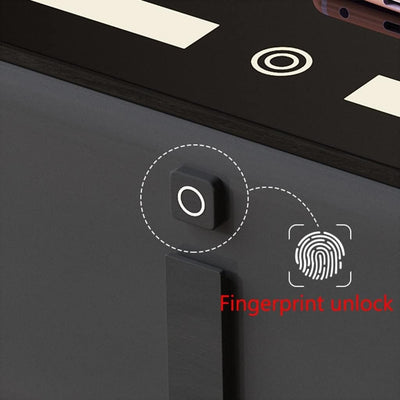 Noptiera cu 2 sertare, blocare sertar cu amprenta, cu LED, USB-C, boxa Bluetooth si incarcator Wireless, pentru dormitor, sticla securizata 3D, negru