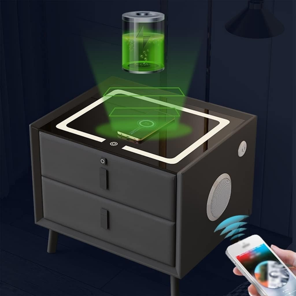 Noptiera cu 2 sertare, blocare sertar cu amprenta, cu LED, USB-C, boxa Bluetooth si incarcator Wireless, pentru dormitor, sticla securizata 3D, negru