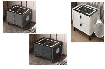 Noptiera cu 2 sertare, blocare sertar cu amprenta, cu LED, USB-C, boxa Bluetooth si incarcator Wireless, pentru dormitor, sticla securizata 3D, negru