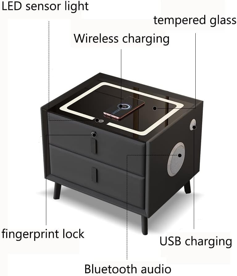 Noptiera cu 2 sertare, blocare sertar cu amprenta, cu LED, USB-C, boxa Bluetooth si incarcator Wireless, pentru dormitor, sticla securizata 3D, negru