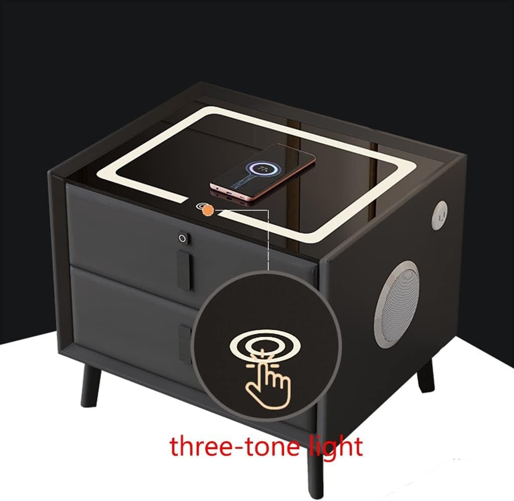 Noptiera cu 2 sertare, blocare sertar cu amprenta, cu LED, USB-C, boxa Bluetooth si incarcator Wireless, pentru dormitor, sticla securizata 3D, negru