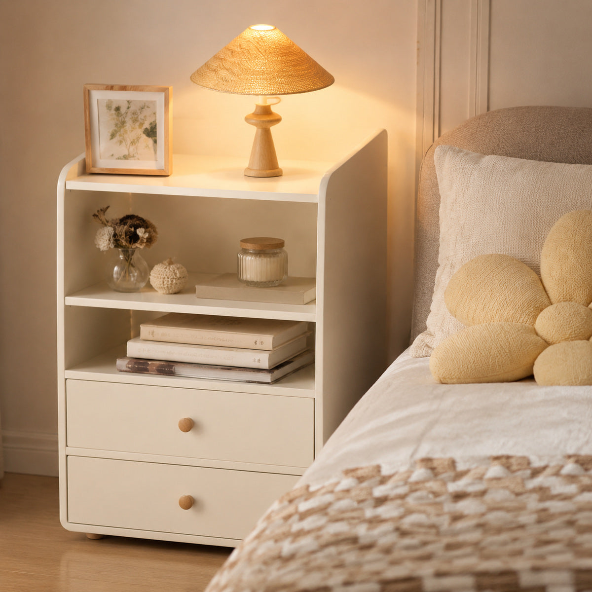 Noptieră cu 2 Sertare și Raft Deschis, 52x30x60 cm, Crem – imagine 2