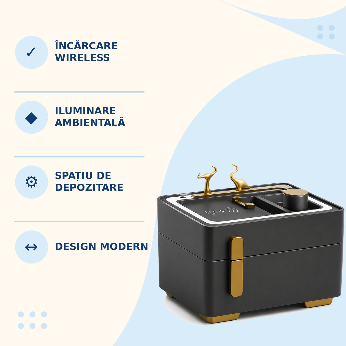 Noptieră Inteligentă cu Încărcare Wireless și Iluminare LED, Negru-Auriu – imagine 3
