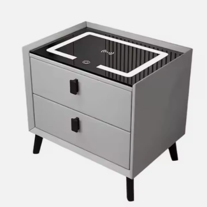 Noptiera inteligenta multifuncționala , 2 sertare, LEDuri tactile, încarcare fara fir, difuzor Bluetooth, incarcare USB, sticla securizata, marime 50X40X45, gri