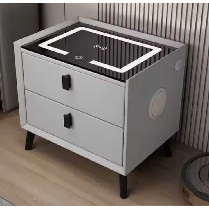 Noptiera inteligenta multifuncționala , 2 sertare, LEDuri tactile, încarcare fara fir, difuzor Bluetooth, incarcare USB, sticla securizata, marime 50X40X45, gri