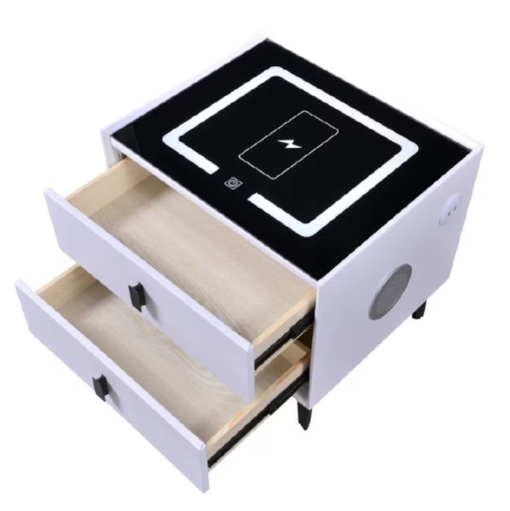 Noptiera inteligenta multifuncționala , 2 sertare, LEDuri tactile, încarcare fara fir, difuzor Bluetooth, incarcare USB, sticla securizata, marime 50X40X45, gri