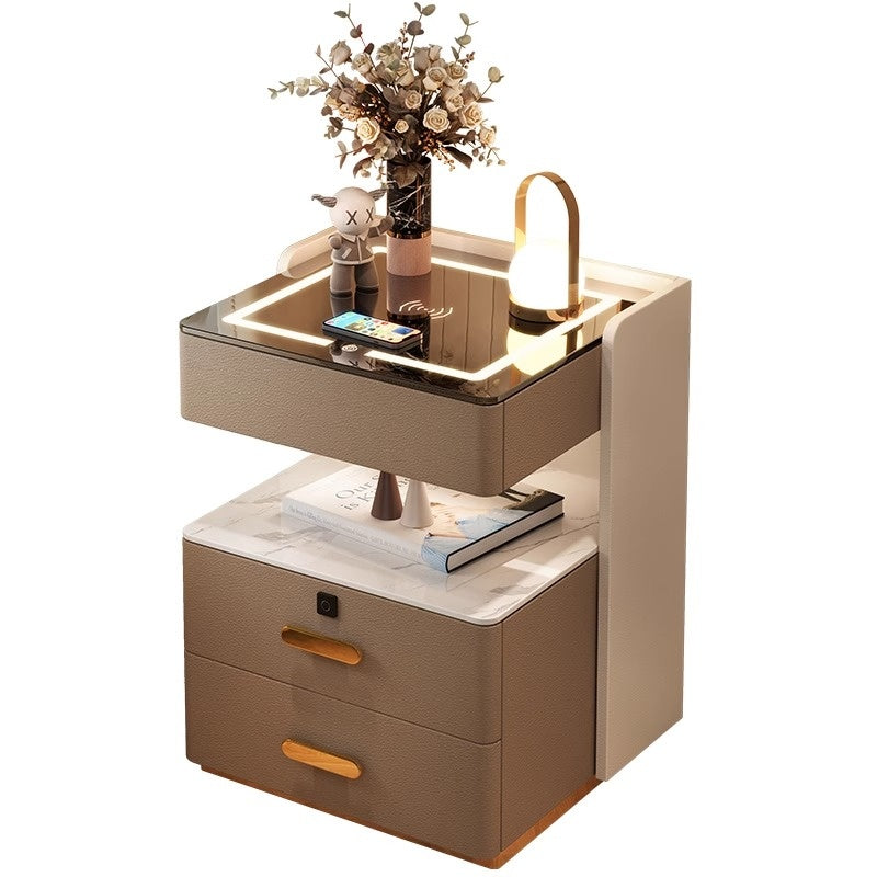 Noptiera inteligenta multifuncționala, 3 sertare, LED-uri tactile, încarcare fara fir, difuzor Bluetooth, incarcare USB, sticla securizata, marime 50x40x56cm, maro