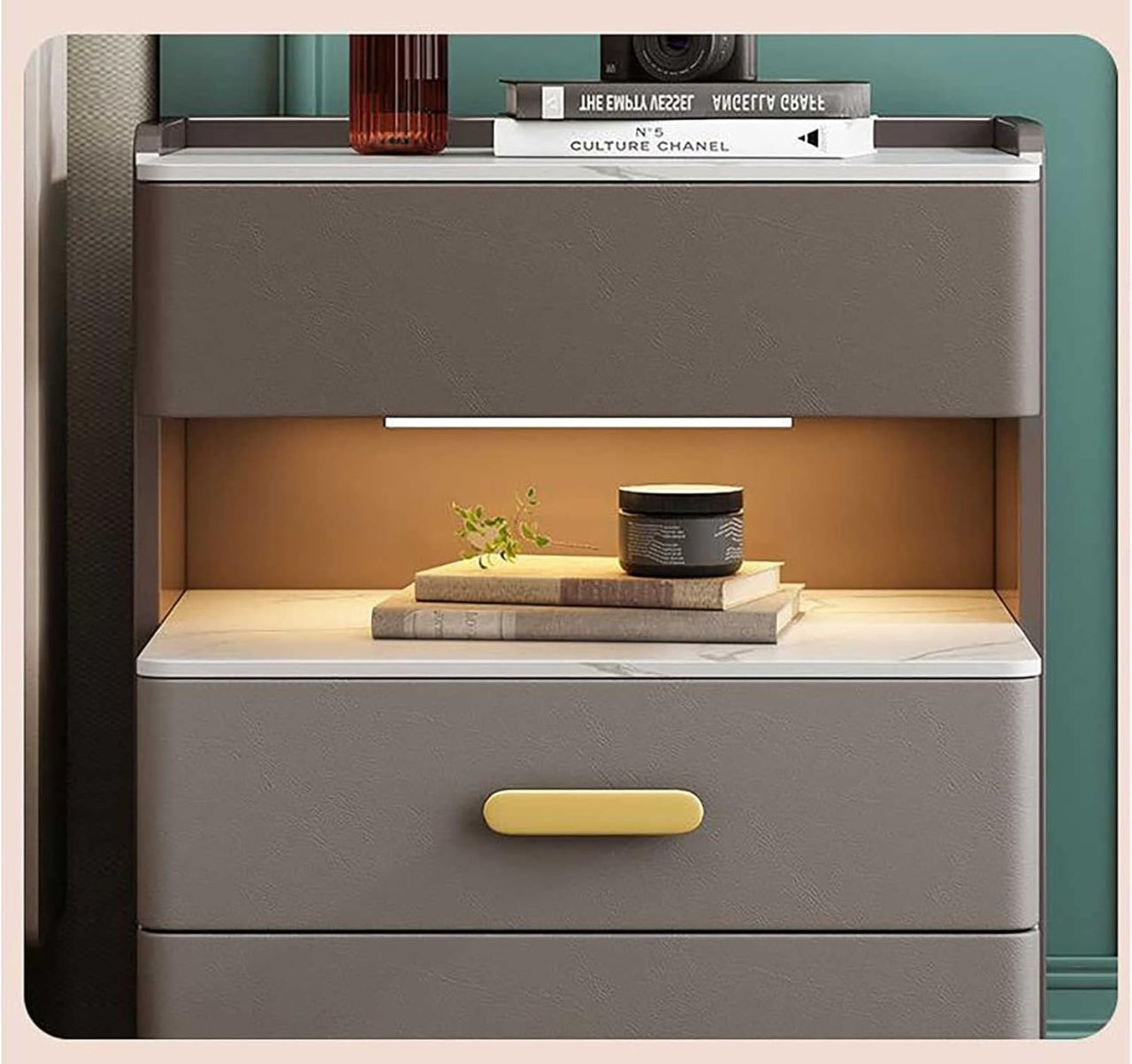 Noptiera inteligenta multifuncționala, 3 sertare, LED-uri tactile, încarcare fara fir, difuzor Bluetooth, incarcare USB, sticla securizata, marime 50x40x56cm, gri