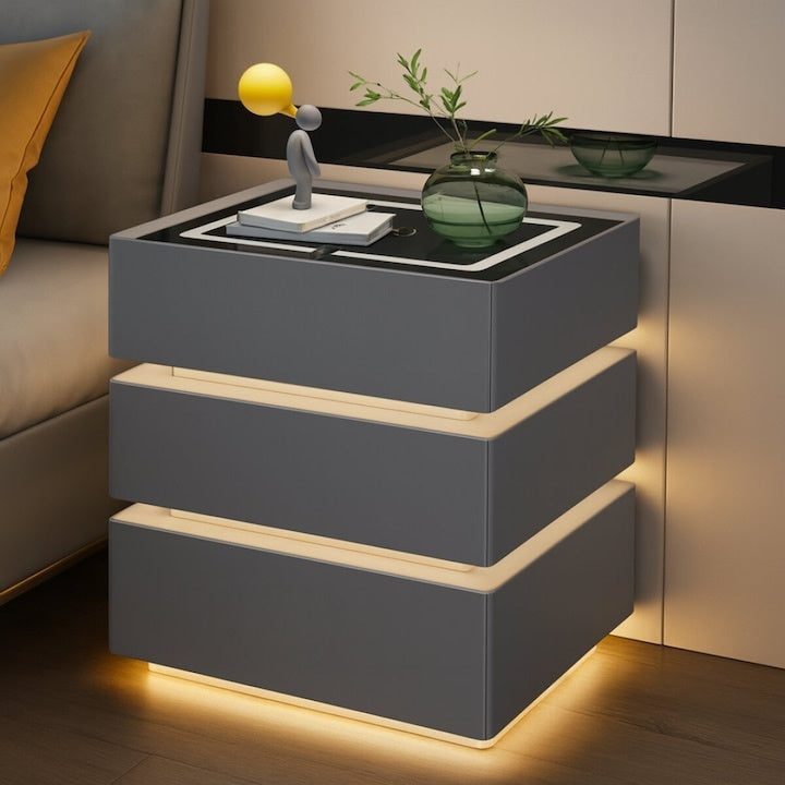 Noptiera inteligenta multifuncționala, 3 sertare, LEDuri tactile, încarcare fara fir, difuzor Bluetooth, incarcare USB, sticla securizata, marime 50x40x72, gri