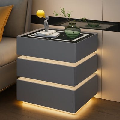 Noptiera inteligenta multifuncționala, 3 sertare, LEDuri tactile, încarcare fara fir, difuzor Bluetooth, incarcare USB, sticla securizata, marime 50x40x72, gri